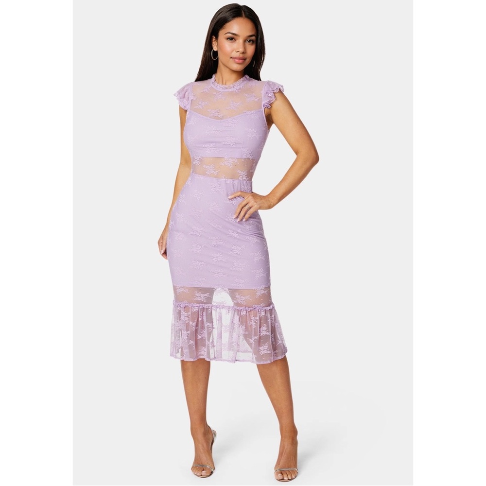 Bebe Illusion Lace Midi Dress Womens XS Lilac Purple Sheer NWT